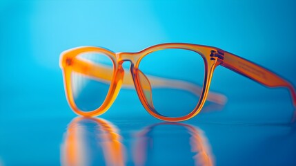 Wall Mural - Closeup of a pair of orange glasses on a blue background