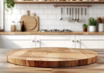 Wall Mural - Empty beautiful round wood tabletop counter on interior  kitchen background