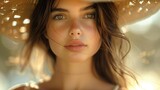 Fototapeta  - A beautiful young woman wearing an elegant hat poses for the camera, looking directly at it with soft lighting and warm tones. Generative AI.