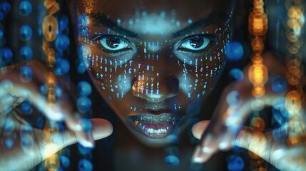 Aufkleber - Angry black woman typing on a keyboard, with binary code projected onto their face and hands, suggesting the integration of human and digital security measures. Generative AI.