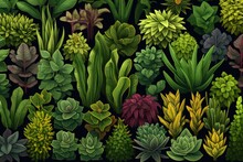 Various Types Of Spring Young Plants In The Garden. Digital Art Illustration Of Colorful Flowers And Leaves, Beauty Of Nature Green Background.