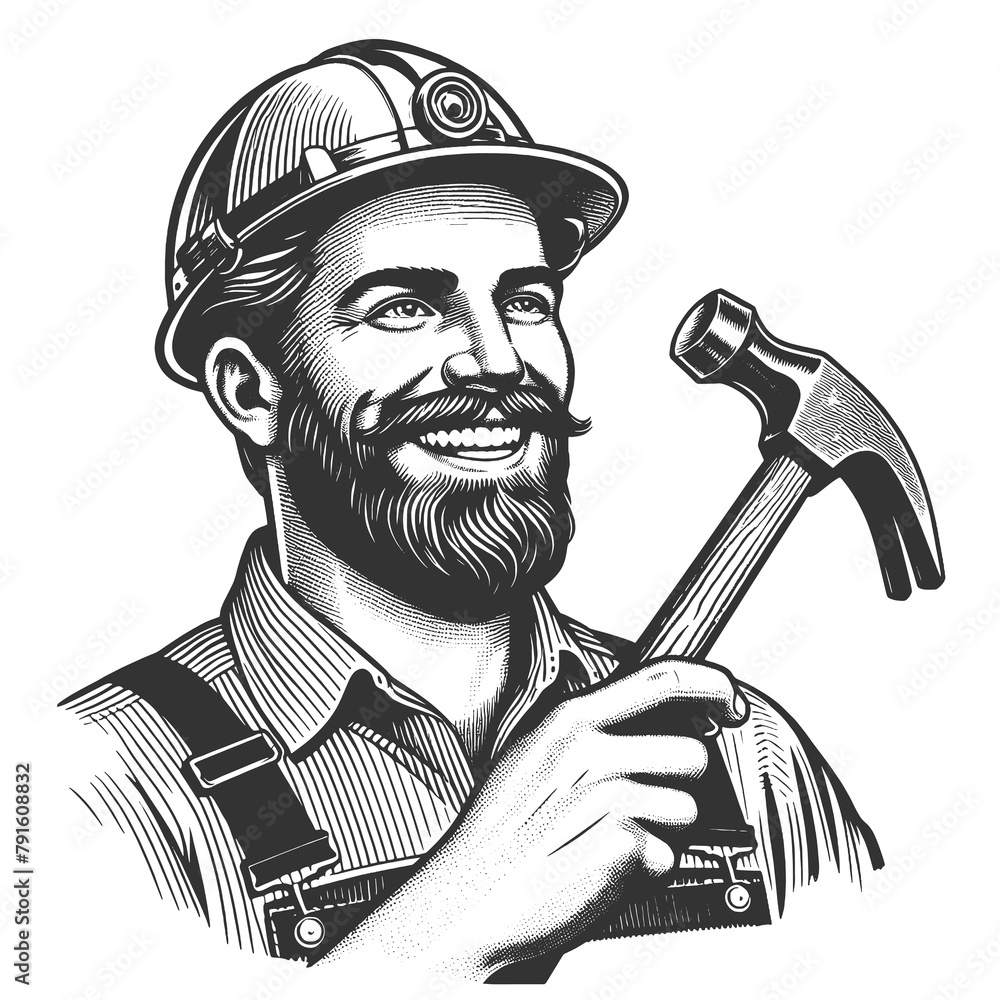happy male worker in a hard hat holding a hammer, concept art and retro ...