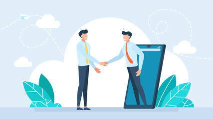 Online communication and business meeting, video communication technology concept. Online agreement, conclusion of the transaction. Businessman handshaking. Business partnership. Flat illustration