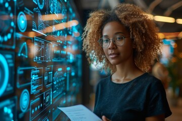 Wall Mural - business woman in office working at night with data analysis interface.