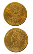 Prawdziwa złota moneta 10 dolarów amerykańskich. Rewers, głowa, liberty i awers z orłem. 1886r. Izolowany. Widoczny każdy detal monety. Widok z góry. Przezroczyste tło.