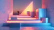 3D rendering of geometric shapes with soft lights and gradient background. The scene consists of three large squares, a triangle, four countertops on the ground. Generative AI.