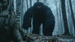 A large creature resembling Bigfoot standing in the woods, its eyes glowing red in the darkness