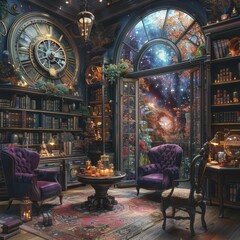 Wall Mural - old books and a clock in the night