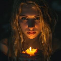 Wall Mural - AI generated illustration of a portrait of a young woman holding a lit candle in front of her face