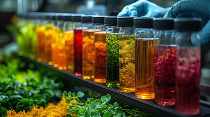 7. Bioengineering Breakthrough: A laboratory scene where scientists examine test tubes filled with colorful liquids, symbolizing the development of bioengineered plant varieties wi