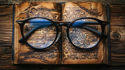 Wall Mural - Black frame anti-glare glasses with blue light blocking technology set against a brown, textured book wooden background.