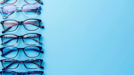 Canvas Print - Glasses with copy space on a blue background. Optical shop, vision examination, numerous eyeglasses, fashionable glasses idea