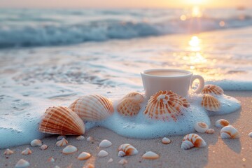 Wall Mural - the warm steaming cup of coffee with gentle morning in the beach scene background professional photography