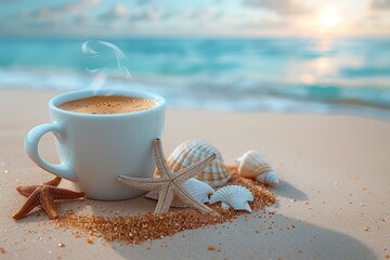 Wall Mural - the warm steaming cup of coffee with gentle morning in the beach scene background professional photography