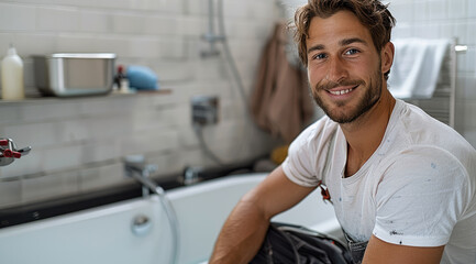 Wall Mural - Portrait of a happy electrician working in a modern white bathroom, posing a towel dryer. A bathtub with black tiles. Generative AI.