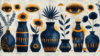 Simple Shapes Clipart of Navy Gold Scandinavian Folk Art China Vector Graphic