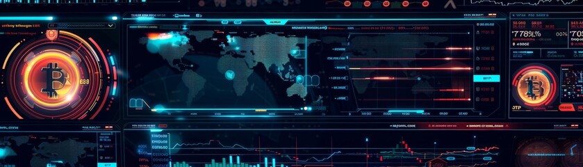  A high-tech dashboard monitoring global cryptocurrency transactions