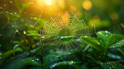 Spider web on dewy leaves.
