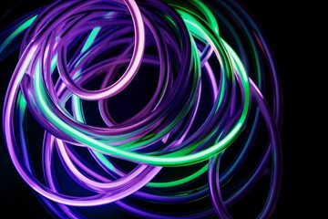 Wall Mural - purple and green glowing neon color circles round curve shape with wavy dynamic lines isolated on bl