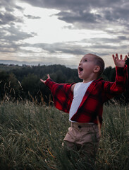 Wall Mural - boy of two years old in a hat and red shirt in a field