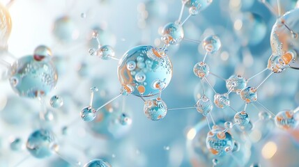 A closeup of an abstract representation of the beauty and complexity in chemical, featuring clear bubbles representing different ingredients connected by thin strings or threads. Generative AI.