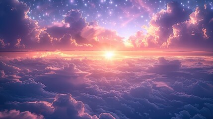 Wall Mural - The sky has clouds below in a purplish tone. There was a warm, golden glow. And tiny stars scattered all over the sky. Generative AI.