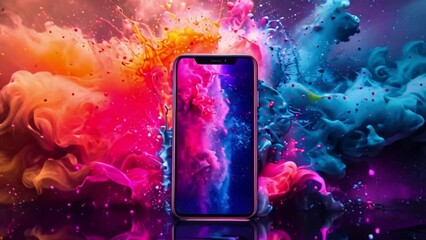 Poster - Vibrant Explosion of Color Around Smartphone on Dark Background