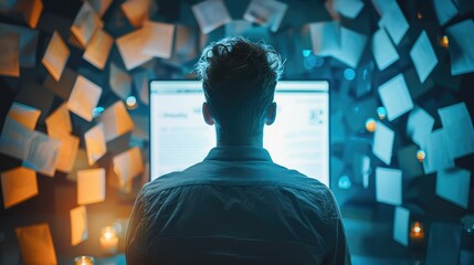 Fototapete - A marketer reviewing a newsletter landing page with glowing testimonials from satisfied subscribers, bright lighting in the room. Generative AI.
