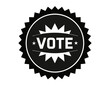 Black VOTE emblem in circular badge design. Graphic icon. Illustration on white surface. Concept of democracy, elections,  political engagement. Design for badge, sticker, voting campaign