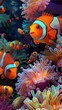 Brightly colored clownfish nestled among the anemones in a lively, detailed underwater coral reef scene