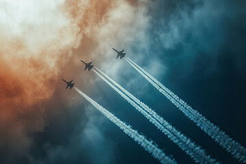 Sticker - Fighter jets in tight formation streak across the airshow sky - their precision maneuvers leaving smoke trails that sketch art in the blue