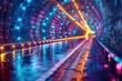 A long, futuristic tunnel with bright glowing lights on the walls and floor. The tunnel is wet and reflecting the lights.