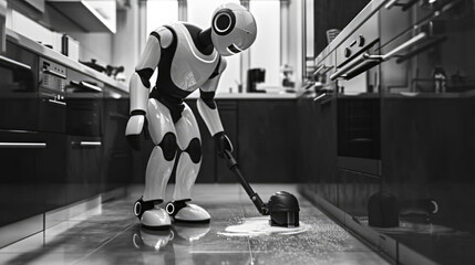 Wall Mural - Robot cleans the house. Modern technologies in the form of a home assistant