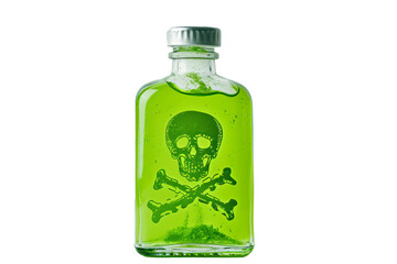 glass bottle with the image of a skull and crossbones filled with poison, poisonous green toxic liquid, chemicals, dangerous. isolated on transparent background png object