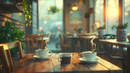 Wall Mural - A cozy 3d cafe with mismatched chairs and steaming coffee cups  AI generated illustration