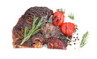 Piece of delicious grilled beef meat, tomatoes, peppercorns and rosemary isolated on white, top view