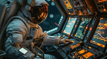 Wall Mural - Close-Up of Astronaut Operating Spacecraft Controls. Close-up of an astronaut with a reflective visor operating glowing control panels inside a spacecraft.