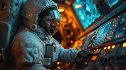 Wall Mural - Close-Up of Astronaut Operating Spacecraft Controls. Close-up of an astronaut with a reflective visor operating glowing control panels inside a spacecraft.
