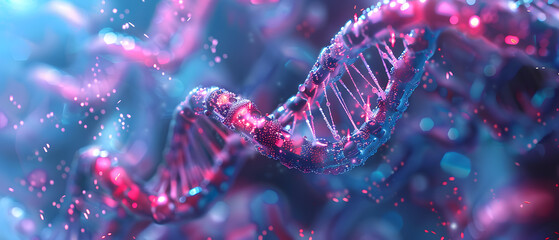 Close-up of a DNA strand on a purple and blue background.