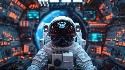 Wall Mural - Close-Up of Astronaut Operating Spacecraft Controls. Close-up of an astronaut with a reflective visor operating glowing control panels inside a spacecraft.