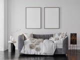 Fototapeta  - Living room interior with gray sofa and home decoration 3d render illustration background mock up posters. 
