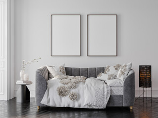 Wall Mural - Living room interior with gray sofa and home decoration 3d render illustration background mock up posters. 