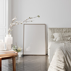 Wall Mural - Green and gray pillows on  gray bed in natural bedroom interior with home decoration and wooden bedside table with vase. mock up poster.