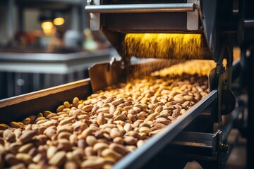 Nuts on a conveyor belt in a workshop at a factory. Nut production, conveyor process, production automation