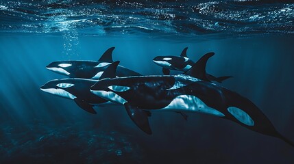Wall Mural - Graceful Orcas Swimming in the Deep Blue Whales
