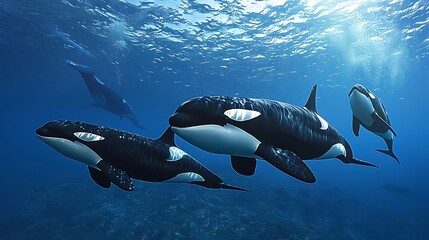 Wall Mural - Graceful Orcas Swimming in the Deep Blue Whales
