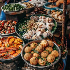 Canvas Print - In Vietnam a country located in Southeast Asia you can find street food vendors who specialize in selling both meatballs and seafood dishes