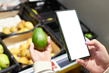 Wall Mural - Avocado fruit in hand and smartphone isolated white