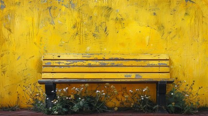 Canvas Print - Weathered brick wall with a wooden bench and overgrown plants