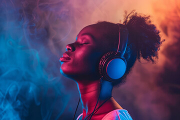 Black woman wearing casual attire listening music on bright background. Portrait of man with headphones against neon colored backdrop